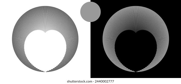 Fondo abstracto moderno. Puntos de semitonos en espiral. Logotipo redondo, elemento de diseño o icono. Una figura negra sobre fondo blanco y una figura igualmente blanca en el lado negro.