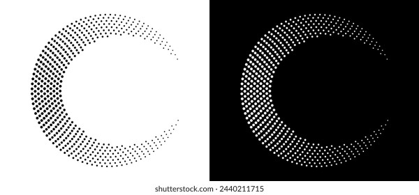 Fondo abstracto moderno. Puntos de semitonos en forma de círculo. Letra C como logotipo, icono o elemento de diseño. Puntos negros sobre un fondo blanco y puntos blancos sobre el lado negro.