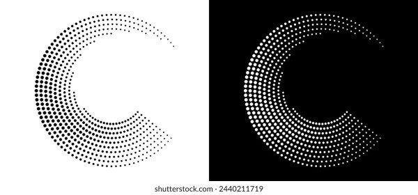 Modern abstract background. Halftone dots in circle form. Letter C like logo, icon or design element. Black dots on a white background and white dots on the black side.