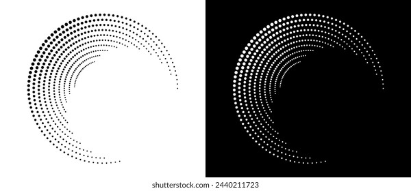 Modern abstract background. Halftone dots in circle form. Letter C like logo, icon or design element. Black dots on a white background and white dots on the black side.