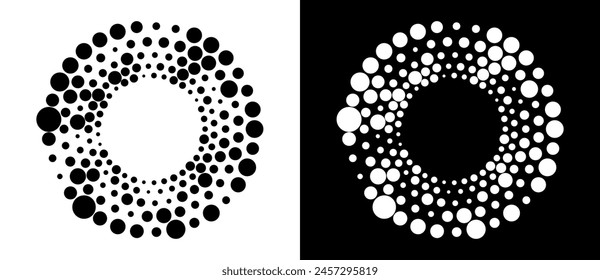 Modern abstract background. Halftone dots in circle form. Round logo. Vector dotted frame. Design element or icon. Black dots on a white background and white dots on the black side.