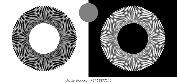 Modern abstract background. Halftone dots in circle form. Round logo. Vector dotted frame. Design element or icon. Black dots on a white background and white dots on the black side.