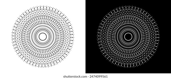 Fondo abstracto moderno. Puntos de semitonos en forma de círculo. Concepto de sol. Marco de puntos de Vector. Elemento de diseño o icono. Forma negra sobre fondo blanco y la misma forma blanca en el lado negro.