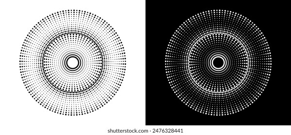 Modern abstract background. Halftone dots in circle form. Sun concept. Vector dotted frame. Design element or icon. Black shape on a white background and the same white shape on the black side.