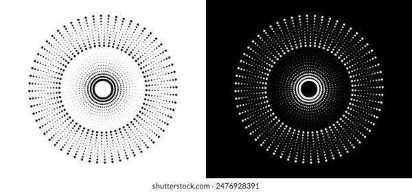 Modern abstract background. Halftone dots in circle form. Sun concept. Vector dotted frame. Design element or icon. Black shape on a white background and the same white shape on the black side.