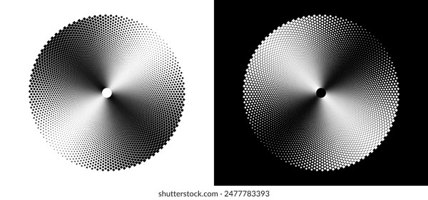 Modern abstract background. Halftone dots in circle form. Round logo, design element or icon. Vector dotted frame. A black figure on a white background and an equally white figure on the black side.