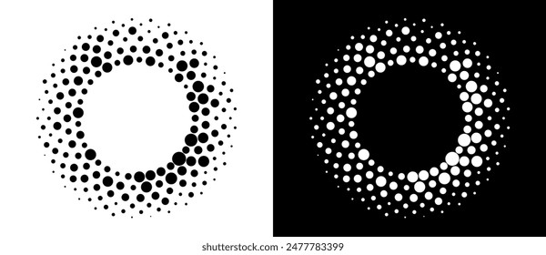 Modern abstract background. Halftone dots in circle form. Round logo, design element or icon. Vector dotted frame. A black figure on a white background and an equally white figure on the black side.