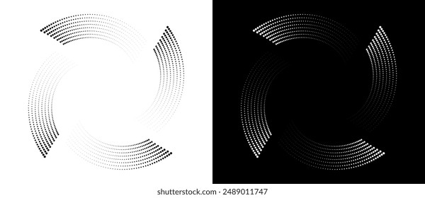 Modern abstract background. Halftone dots in spiral. Round logo. Vector dotted frame. Design element or icon. Black shape on a white background and the same white shape on the black side.