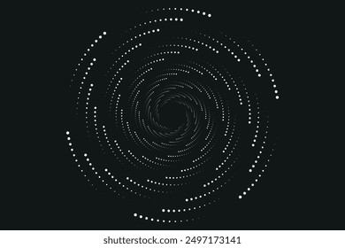 Modern abstract background. Halftone dots in circle form. Spiral logo, icon or design element. Black dots on a white background and white dots on the black side.
