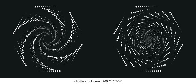 Fondo abstracto moderno. Puntos semitonos en forma de círculo. Logotipo espiral, icono o elemento de diseño. Puntos negros sobre un fondo blanco y puntos blancos en el lado negro.