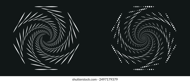 Modern abstract background. Halftone dots in circle form. Spiral logo, icon or design element. Black dots on a white background and white dots on the black side.