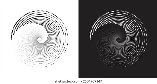 Modern abstract background. Halftone dots in circle form. Spiral logo, icon or design element. Black dots on a white background and white dots on the black side.