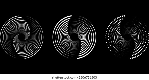 Modern abstract background. Halftone dots in circle form. Spiral logo, icon or design element. Black dots on a white background and white dots on the black side.	
