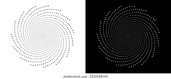 Fondo abstracto moderno. Puntos semitonos en forma de círculo. Logotipo espiral, elemento de diseño o icono. Marco punteado de Vector. Una figura negra sobre un fondo blanco y una figura igualmente blanca en el lado negro.