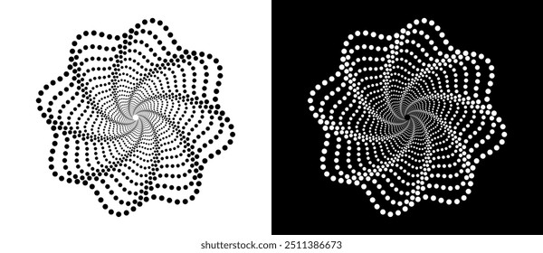 Modern abstract background. Halftone dots like flower. Can be used as logo, icon or design element. Black dots on a white background and white dots on the black side.