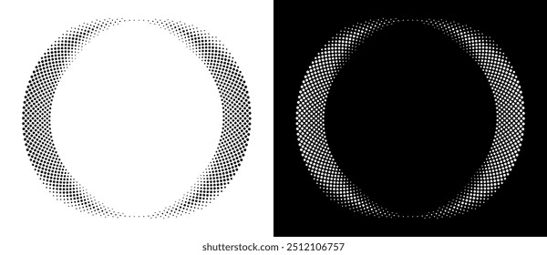 Fundo abstrato moderno. Pontos de meio-tom em forma de círculo. Logotipo em espiral, elemento de design ou ícone. Quadro pontilhado vetorial. Uma figura preta sobre um fundo branco e uma figura igualmente branca no lado preto.