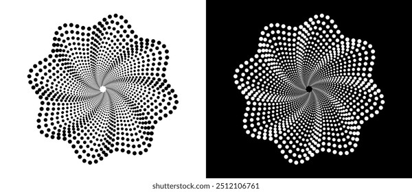 Modern abstract background. Halftone dots like flower. Can be used as logo, icon or design element. Black dots on a white background and white dots on the black side.