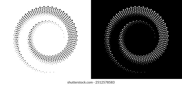 Fondo abstracto moderno. Puntos semitonos en forma de círculo. Logotipo espiral, elemento de diseño o icono. Marco punteado de Vector. Una figura negra sobre un fondo blanco y una figura igualmente blanca en el lado negro.
