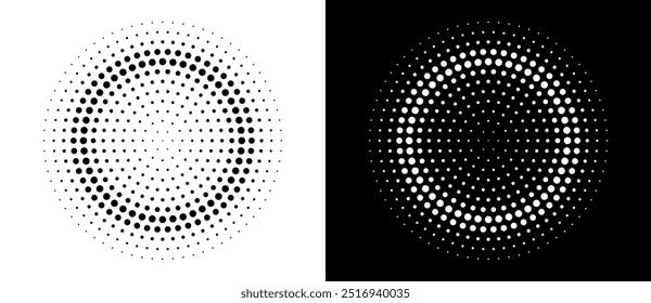 Modern abstract background. Halftone dots in circle form. Round logo. Vector dotted frame. Design element or icon. Black shape on a white background and the same white shape on the black side.