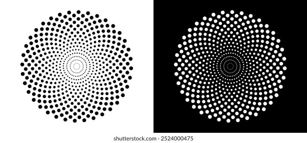 Modern abstract background. Halftone dots in circle form. Round logo. Vector dotted frame. Design element or icon. Black shape on a white background and the same white shape on the black side.