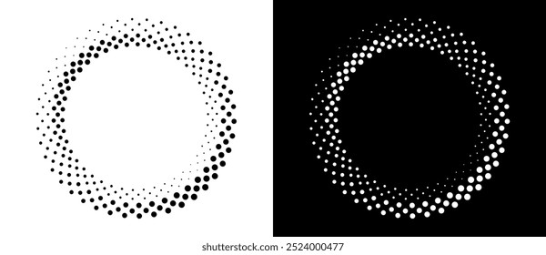 Modern abstract background. Halftone dots in circle form. Round logo. Vector dotted frame. Design element or icon. Black shape on a white background and the same white shape on the black side.