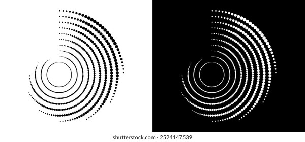 Modern abstract background. Halftone dots in circle form. Round logo. Vector dotted frame. Design element or icon. Black shape on a white background and the same white shape on the black side.