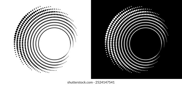 Modern abstract background. Halftone dots in circle form. Round logo. Vector dotted frame. Design element or icon. Black shape on a white background and the same white shape on the black side.