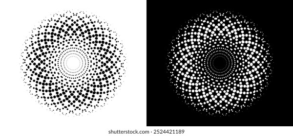 Fundo abstrato moderno. Pontos de meio-tom gostam de flor. Pode ser usado como logotipo, ícone ou elemento de design. Pontos pretos em um fundo branco e pontos brancos no lado preto.