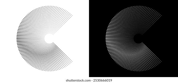 Fundo abstrato moderno. Pontos de meio-tom em forma de círculo. Letra C como logotipo, ícone ou elemento de design. Pontos pretos em um fundo branco e pontos brancos no lado preto.