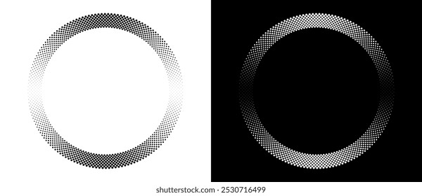 Modern abstract background. Halftone dots in circle form. Round logo, design element or icon. Vector dotted frame. A black figure on a white background and an equally white figure on the black side.