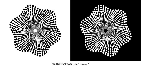 Modern abstract background. Halftone dots like flower. Can be used as logo, icon or design element. Black dots on a white background and white dots on the black side.