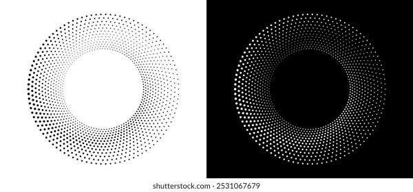 Fondo abstracto moderno. Puntos semitonos en forma de círculo. Logotipo redondo, elemento de diseño o icono. Marco punteado de Vector. Una figura negra sobre un fondo blanco y una figura igualmente blanca en el lado negro.
