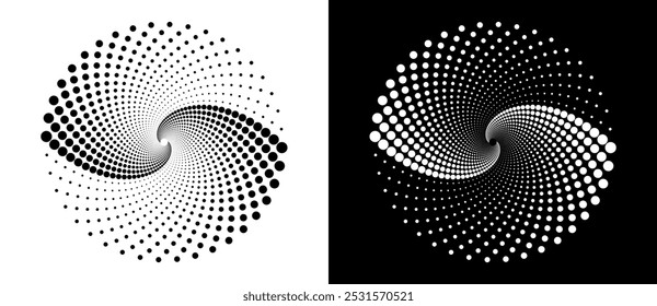 Modern abstract background. Halftone dots in circle form. Round logo. Vector dotted frame. Design element or icon. Black shape on a white background and the same white shape on the black side.