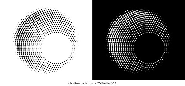Fondo abstracto moderno. Puntos semitonos en forma de círculo. Logotipo redondo. Marco punteado de Vector. Elemento de diseño o icono. Forma negra sobre un fondo blanco y la misma forma blanca en el lado negro.