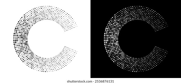 Modern abstract background. Halftone dots in circle form. Letter C like logo, icon or design element. Black dots on a white background and white dots on the black side.