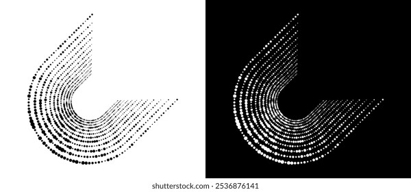 Modern abstract background. Halftone dots in circle form. Letter C like logo, icon or design element. Black dots on a white background and white dots on the black side.