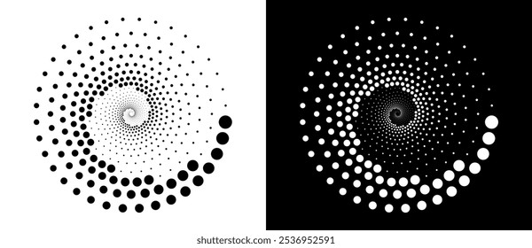 Fondo abstracto moderno. Puntos semitonos en forma de círculo. Logotipo espiral, icono o elemento de diseño. Puntos negros sobre un fondo blanco y puntos blancos en el lado negro.