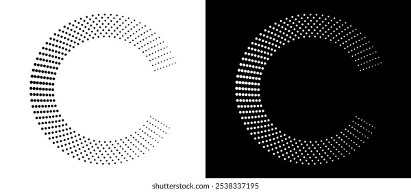 Modern abstract background. Halftone dots in circle form. Letter C like logo, icon or design element. Black dots on a white background and white dots on the black side.