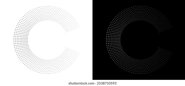 Fondo abstracto moderno. Puntos semitonos en forma de círculo. Letra C como logotipo, icono o elemento de diseño. Puntos negros sobre un fondo blanco y puntos blancos en el lado negro.