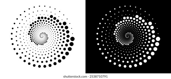 Fondo abstracto moderno. Puntos semitonos en forma de círculo. Logotipo espiral, icono o elemento de diseño. Puntos negros sobre un fondo blanco y puntos blancos en el lado negro.