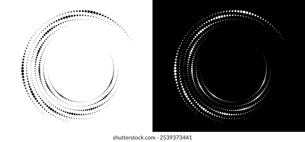 Modern abstract background. Halftone dots in circle form. Letter C like logo, icon or design element. Black dots on a white background and white dots on the black side.