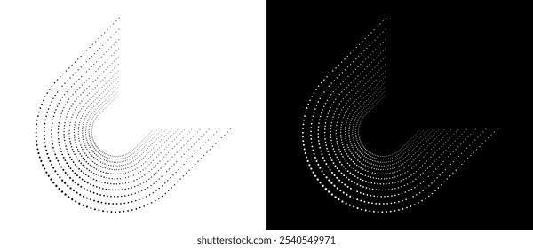 Modern abstract background. Halftone dots in circle form. Letter C like logo, icon or design element. Black dots on a white background and white dots on the black side.