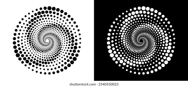 Modern abstract background. Halftone dots in circle form. Spiral logo, icon or design element. Black dots on a white background and white dots on the black side.