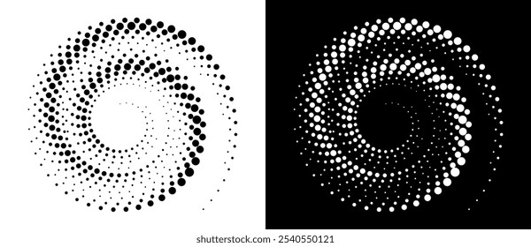 Modern abstract background. Halftone dots in circle form. Spiral logo, icon or design element. Black dots on a white background and white dots on the black side.