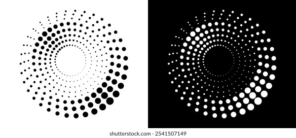 Modern abstract background. Halftone dots in circle form. Round logo. Vector dotted frame. Design element or icon. Black shape on a white background and the same white shape on the black side.