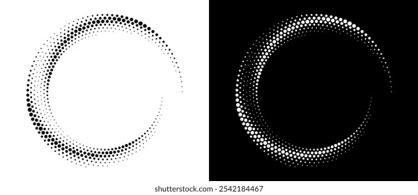 Fondo abstracto moderno. Puntos semitonos en forma de círculo. Logotipo espiral, icono o elemento de diseño. Puntos negros sobre un fondo blanco y puntos blancos en el lado negro.