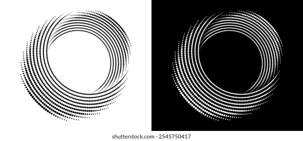 Fondo abstracto moderno. Puntos semitonos en forma de círculo. Logotipo redondo. Marco punteado de Vector. Elemento de diseño o icono. Forma negra sobre un fondo blanco y la misma forma blanca en el lado negro.