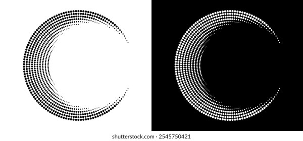 Fondo abstracto moderno. Puntos semitonos en forma de círculo. Logotipo redondo. Marco punteado de Vector. Elemento de diseño o icono. Forma negra sobre un fondo blanco y la misma forma blanca en el lado negro.