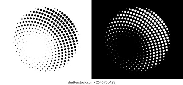 Fondo abstracto moderno. Puntos semitonos en forma de círculo. Logotipo redondo. Marco punteado de Vector. Elemento de diseño o icono. Forma negra sobre un fondo blanco y la misma forma blanca en el lado negro.