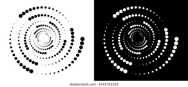 Fondo abstracto moderno. Puntos semitonos en forma de círculo. Logo espiral. Marco punteado de Vector. Elemento de diseño o icono. Puntos negros sobre un fondo blanco y puntos blancos en el lado negro.